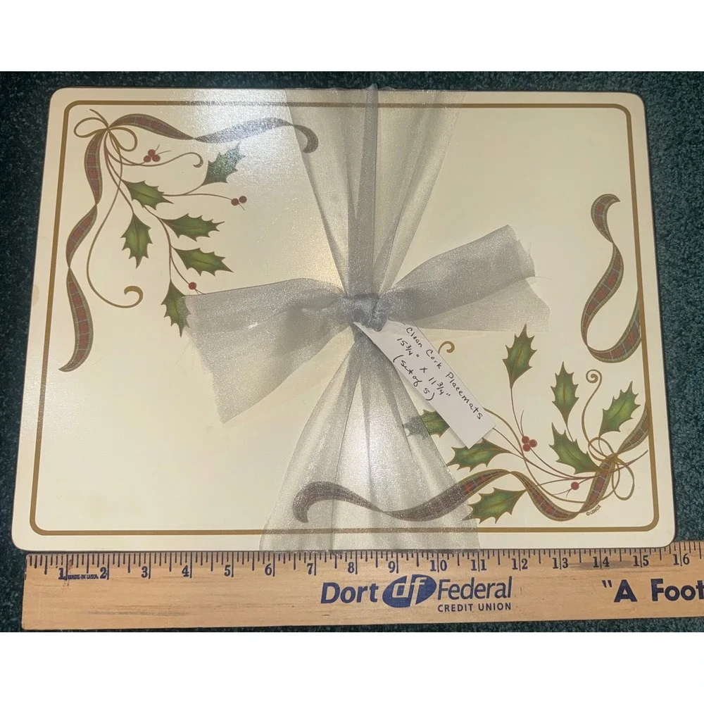Lenox Holiday Holly Plaid Ribbon Cork Backed Placemats Set of 5 Christmas Cream